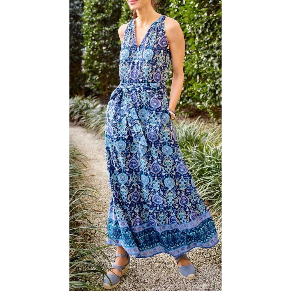 Talbots Petite 10P Blue Floral Paisley Sleeveless Maxi Dress Boho Cottagecore
